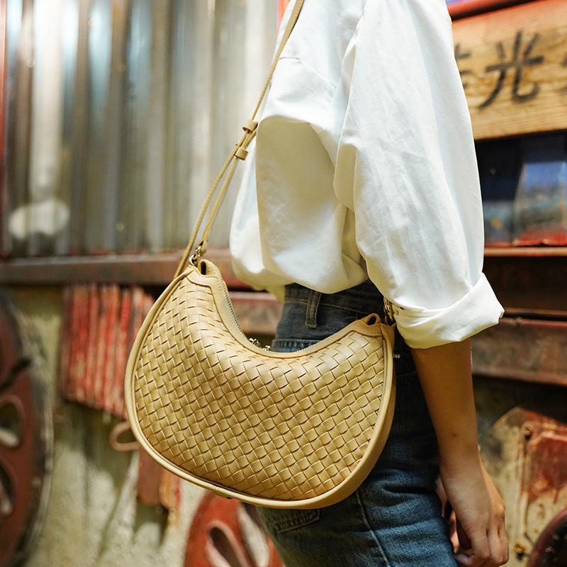 Half-Moon Handwoven Hobo Bag in Genuine Cowhide Leather
