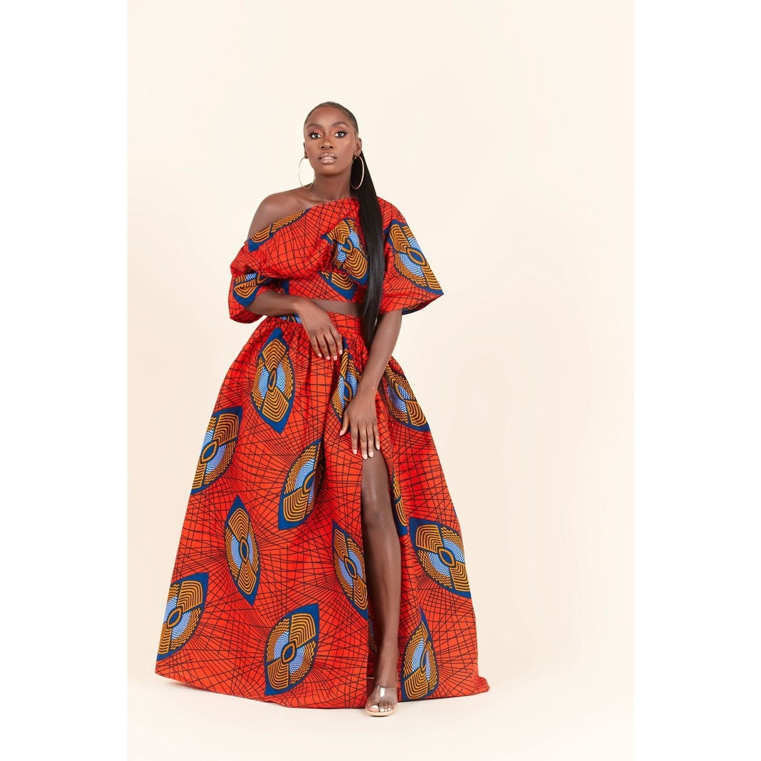 Two-Piece African High Slit Maxi Skirt with Crop Top