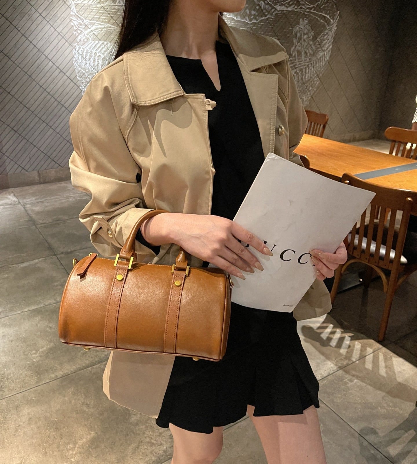 Genuine Cowhide Leather Boston Handbag with Crossbody Strap