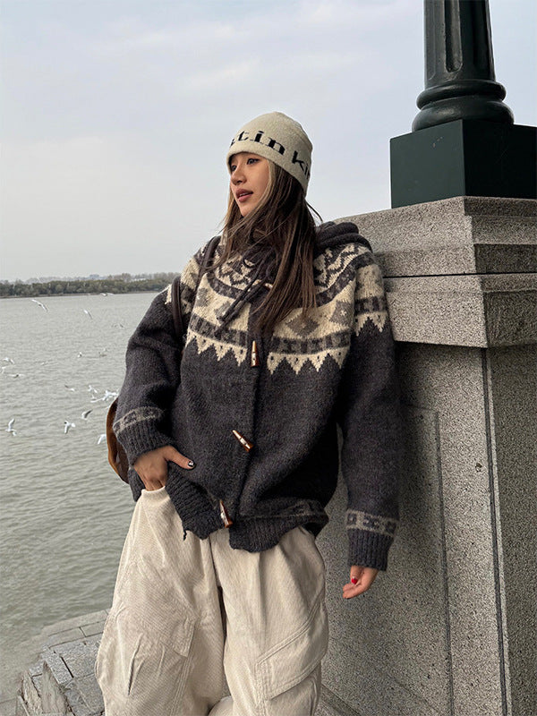 Fair Isle Knit Hooded Cardigan