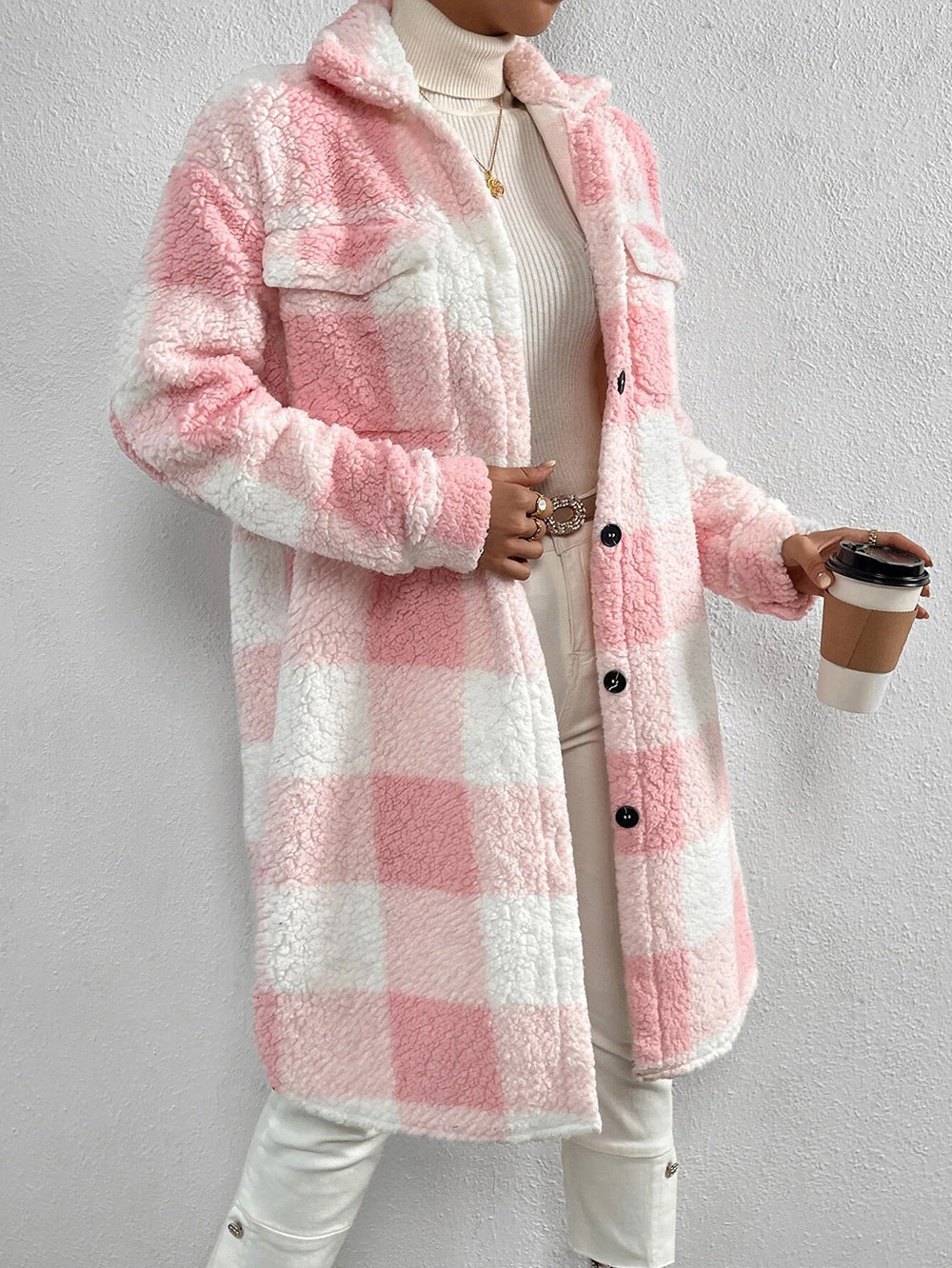 Open Button Lapel Plush Plaid Long Coat