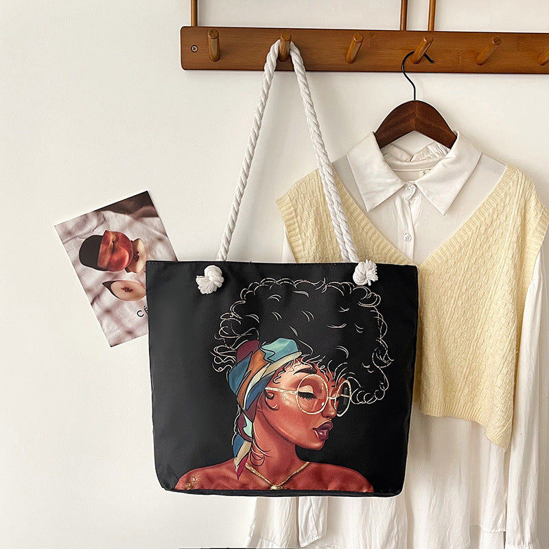 Afro-Ethnic Graphic Canvas Shoulder Tote – Large Capacity
