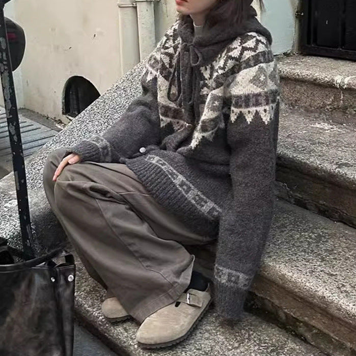 Fair Isle Knit Hooded Cardigan