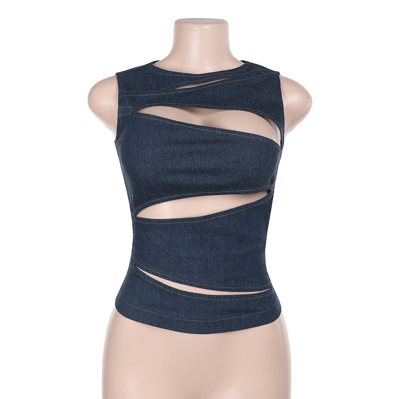 Faux Denim Cut-Out Tank Top