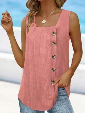Square Neck Solid Sleeveless Button Up Tank Top