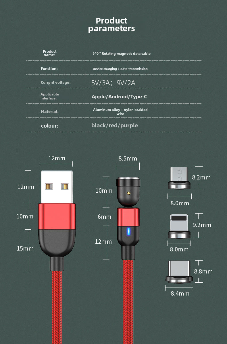 540° Rotation Magnetic Fast Charging Cable with Suction Heads for Android, Type-C, Apple