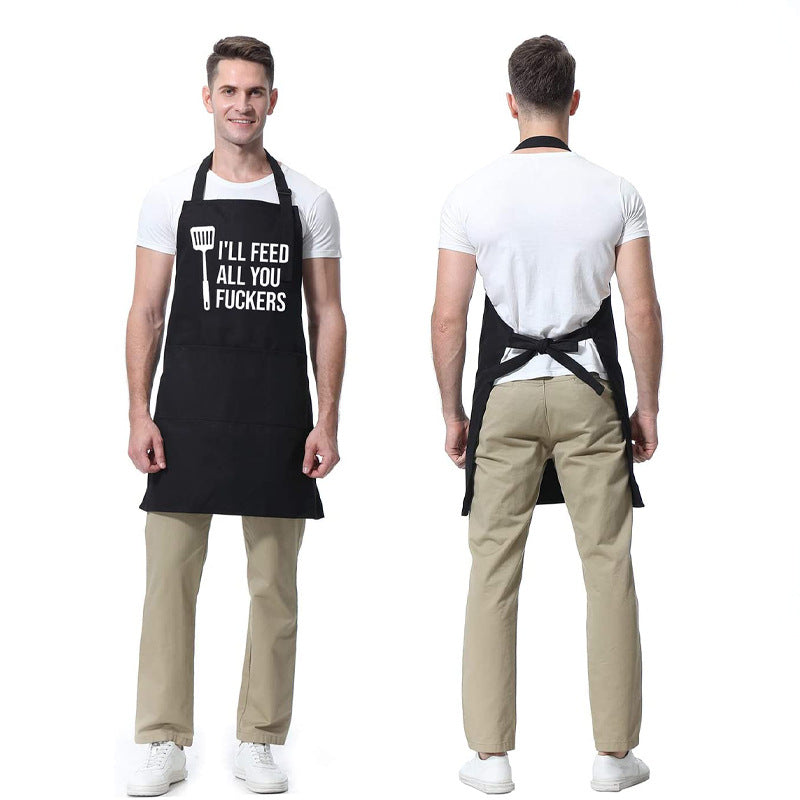 Kitchen BBQ Letter Print Apron with 3 Pockets and Adjustable Neck Strap