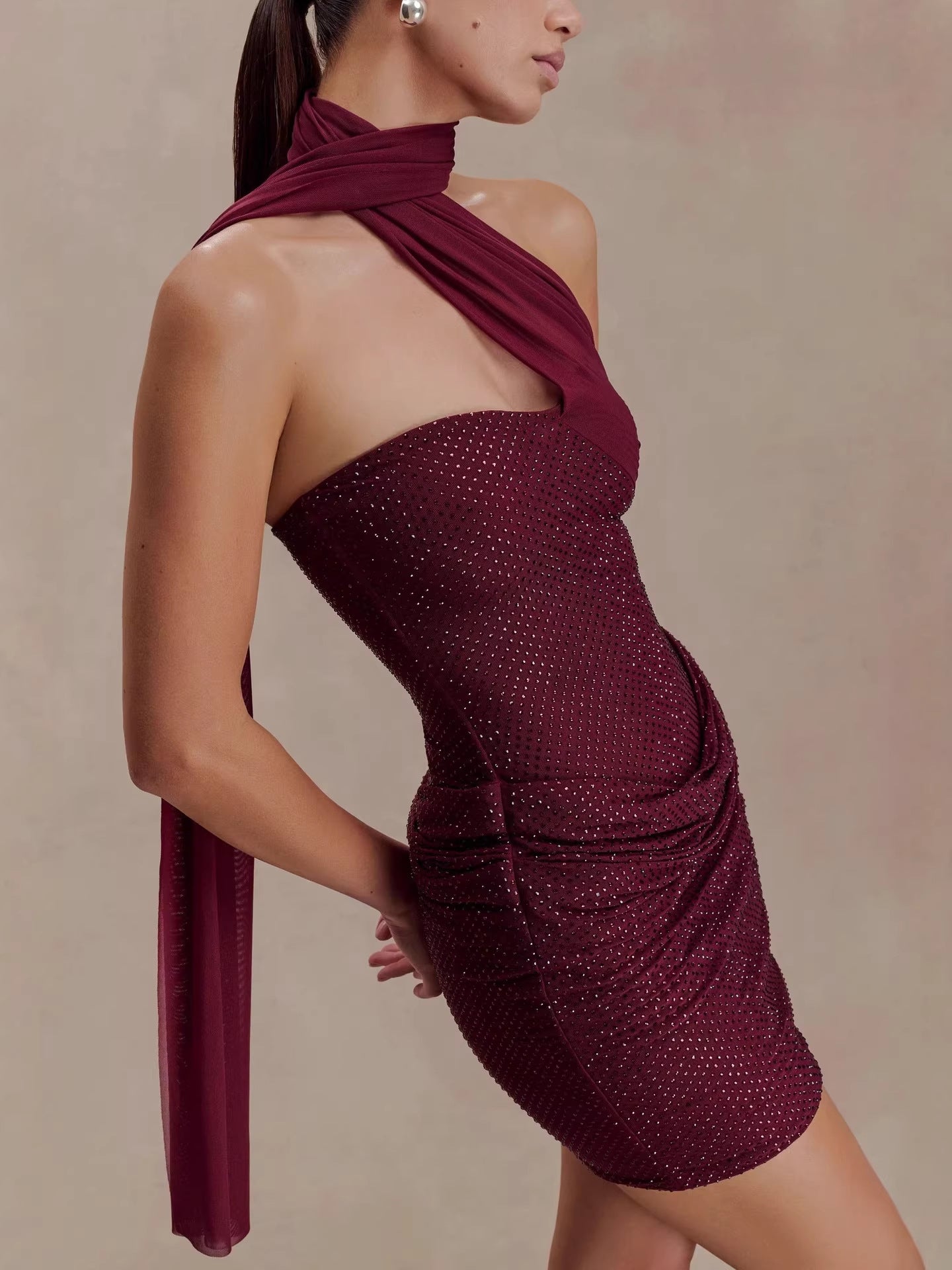 Mattea Diamante Mini Dress With Scarf