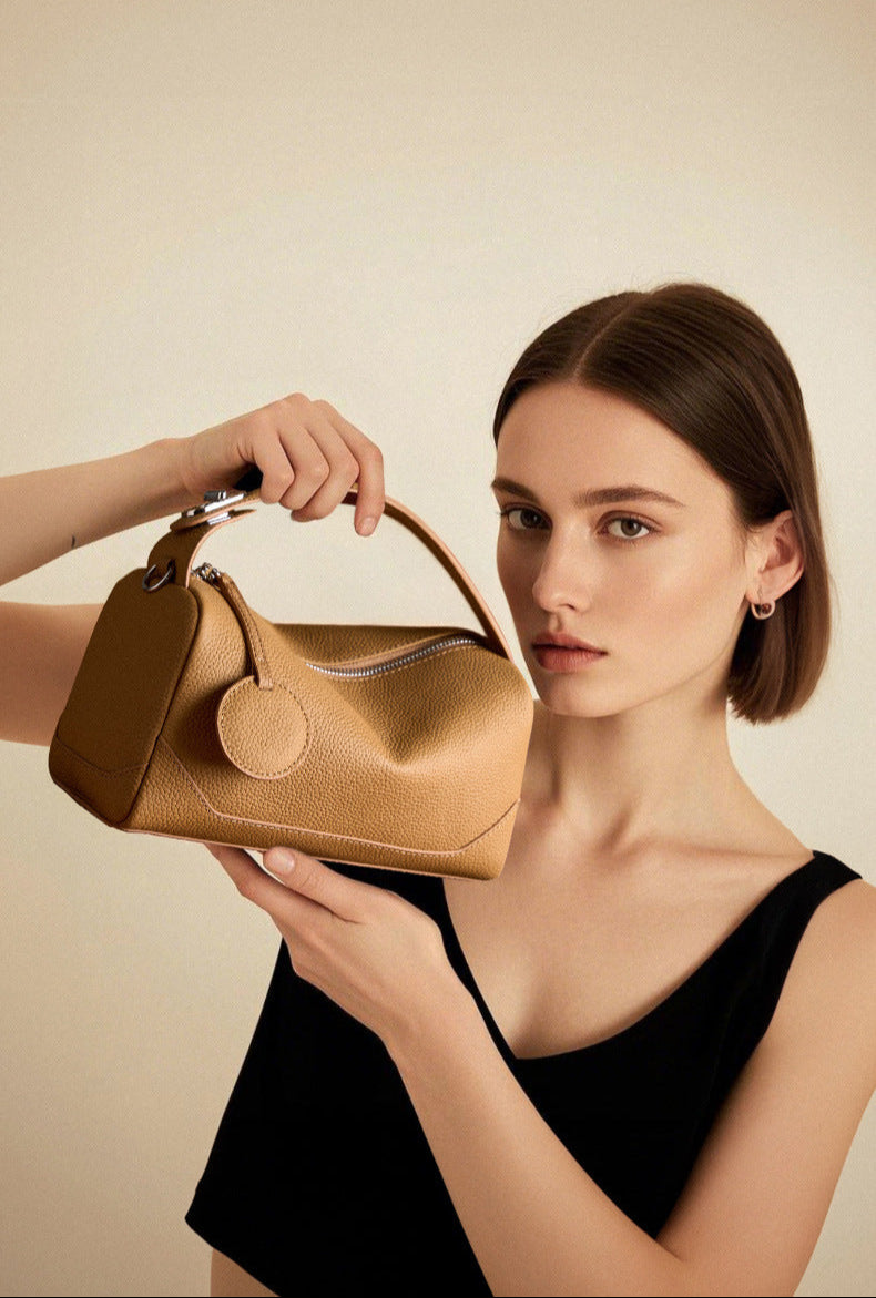 Genuine Cowhide Leather Boston Bag with Crossbody/Shoulder strap