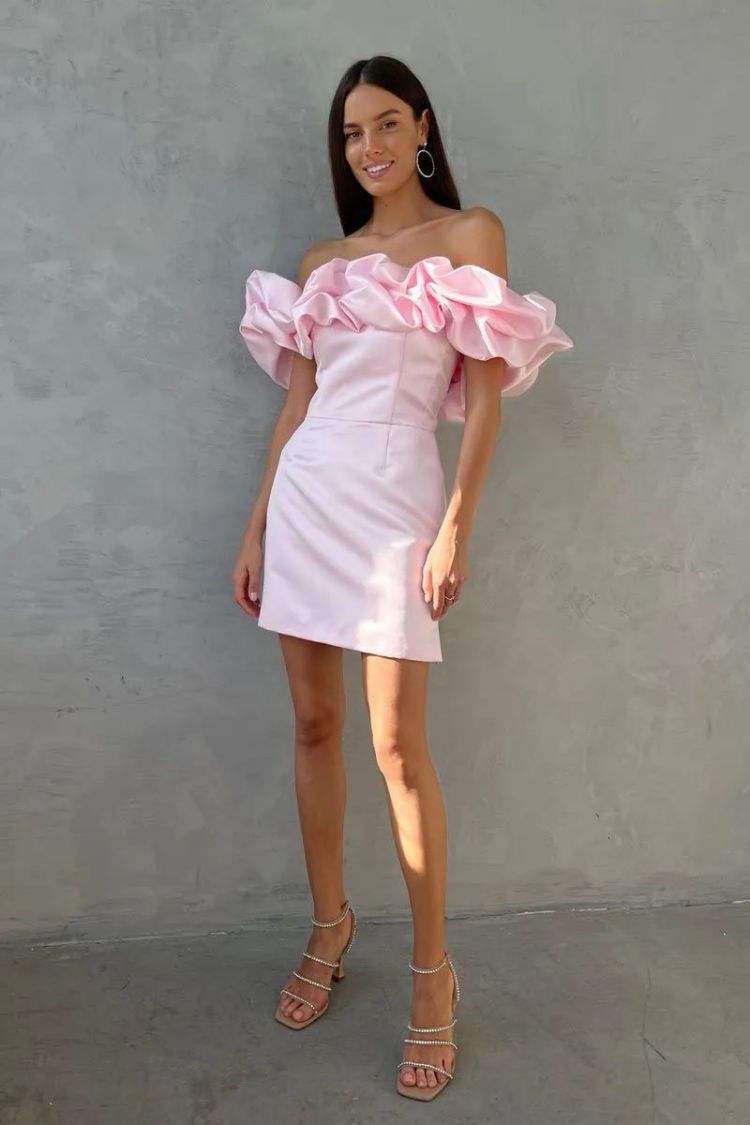 Satin Off-Shoulder Ruffle Mini Dress