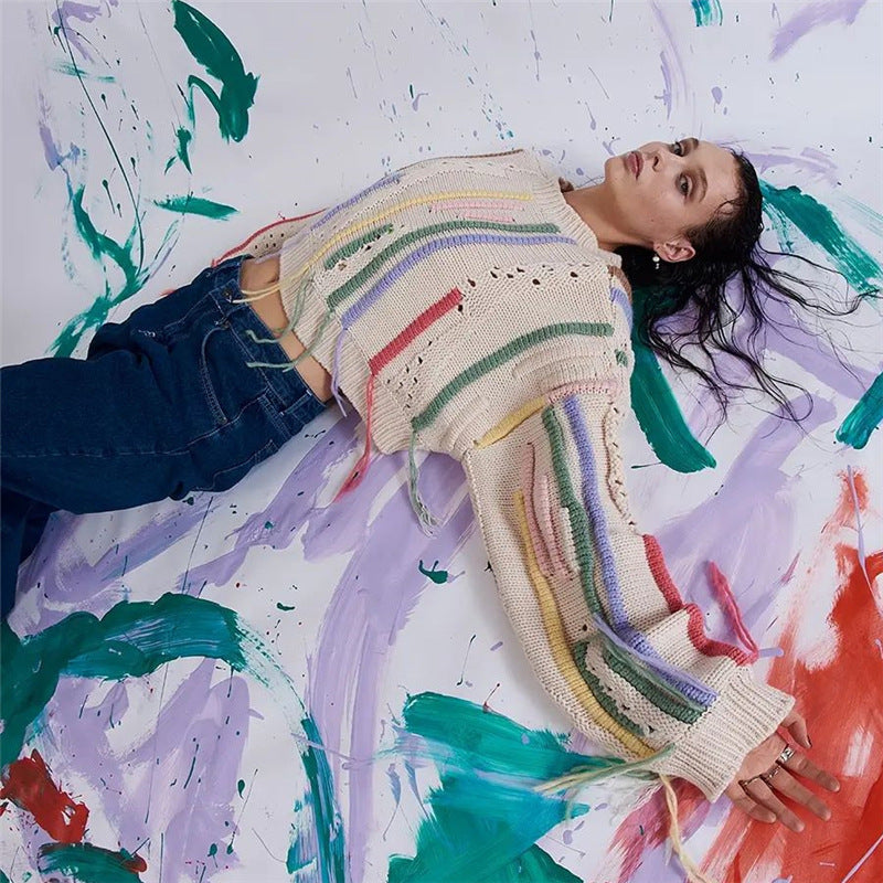 Distressed Cropped Knit Sweater