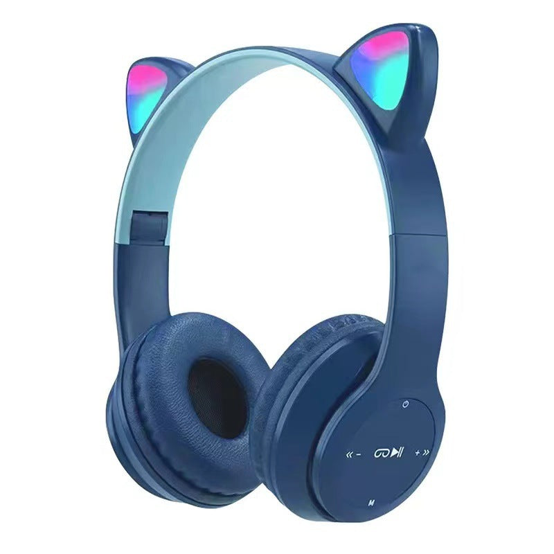 P47M Wireless Cat Ear Bluetooth Headphones with RGB LED lights, 3.5mm AUX Jack, TF Card Slot
