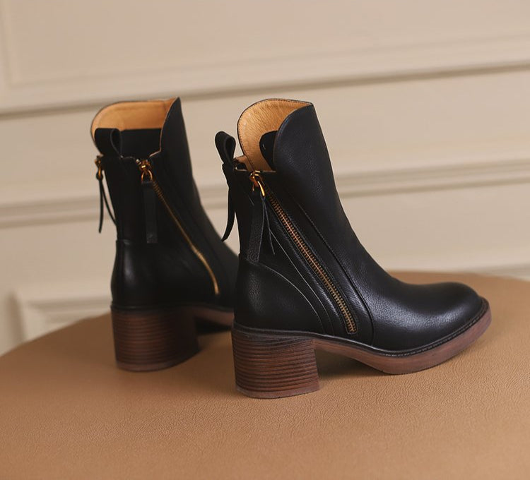Premium Leather Block Heel Booties