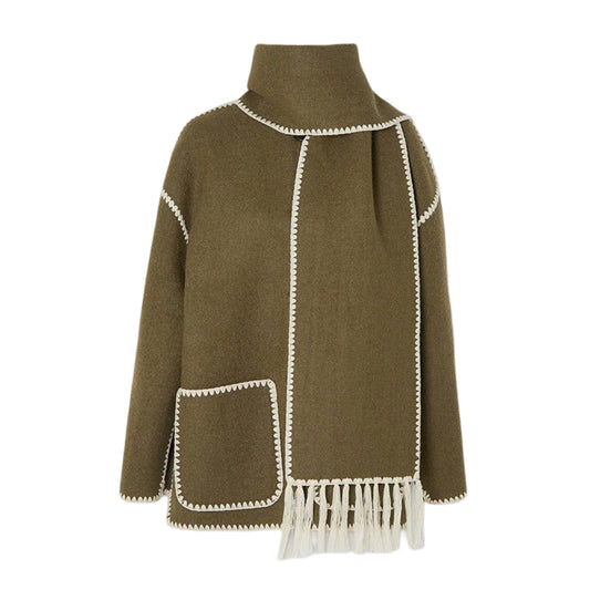 Draped Wool-Blend Coat with Fringed Scarf