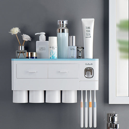 Wall-Mounted Multifunction Toothpaste Dispenser, Toothbrush Holder, Double Drawer Bathroom Organizer