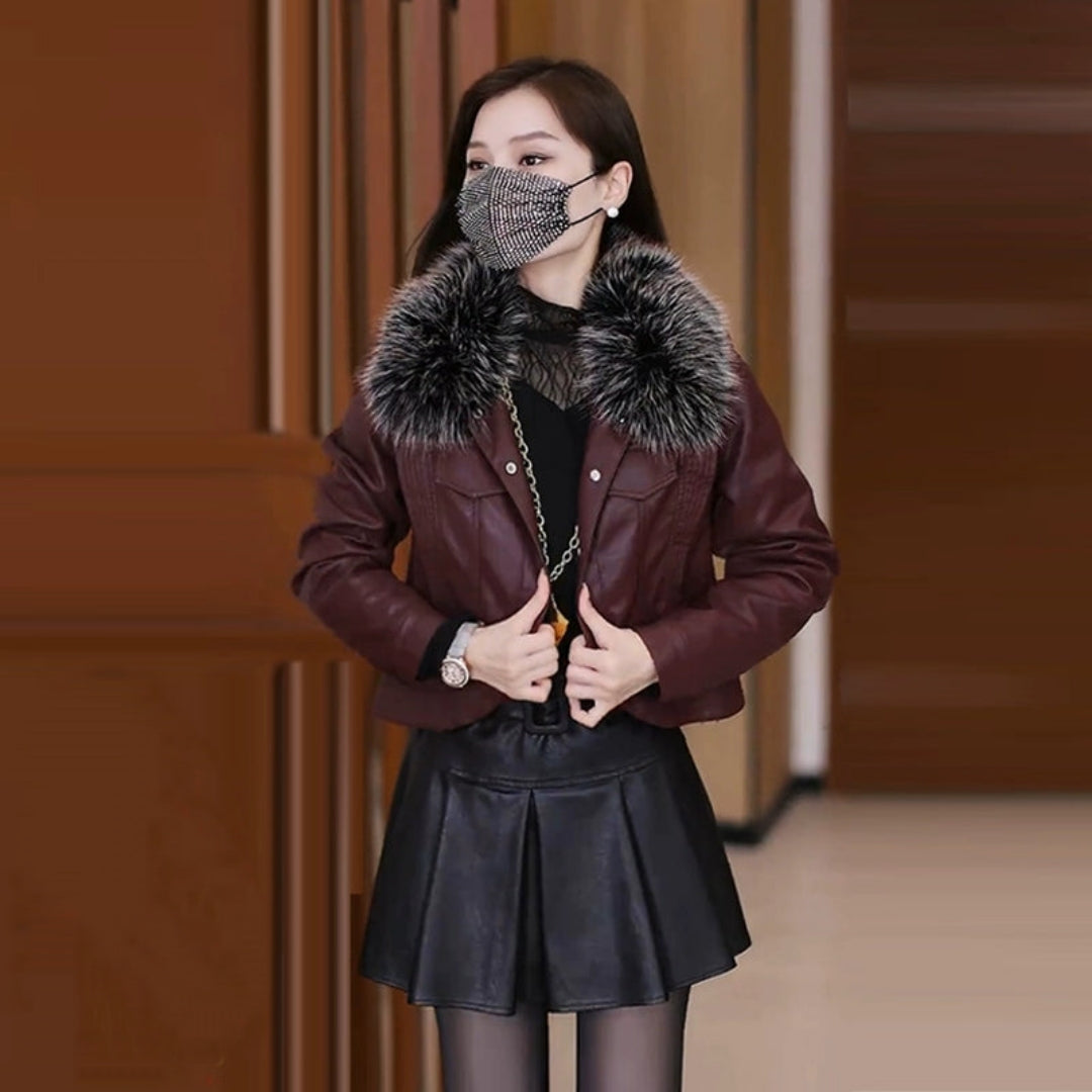 Fur Collar PU Leather Winter Jacket