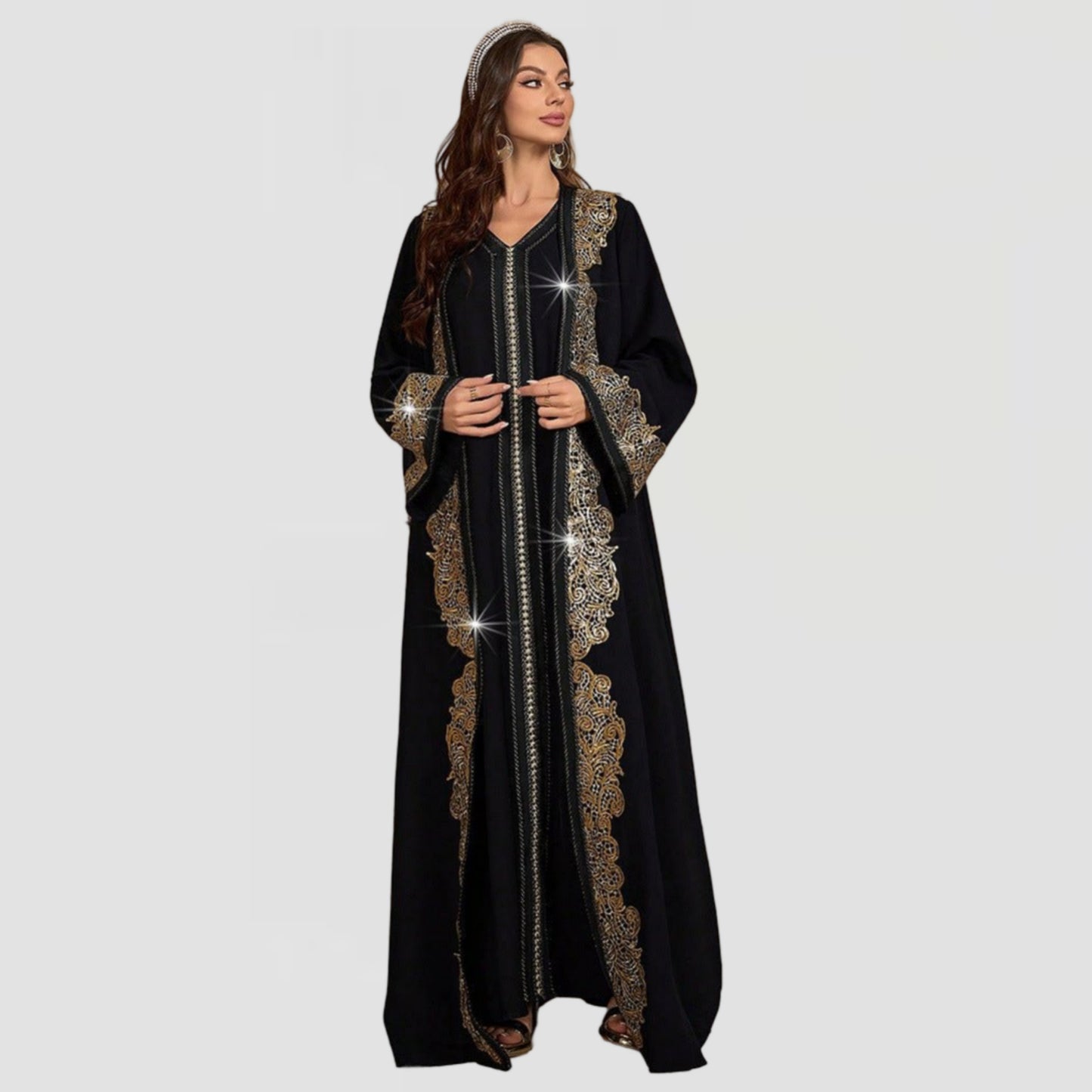 Two-Piece Gold Embroidered V-Neck Kaftan