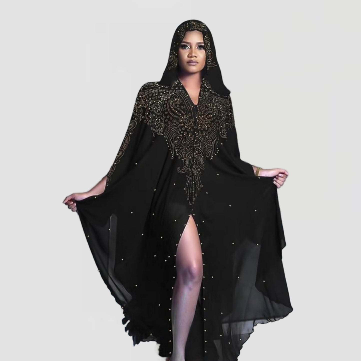 Chiffon Batwing Sleeved Hooded Kaftan Evening Dress