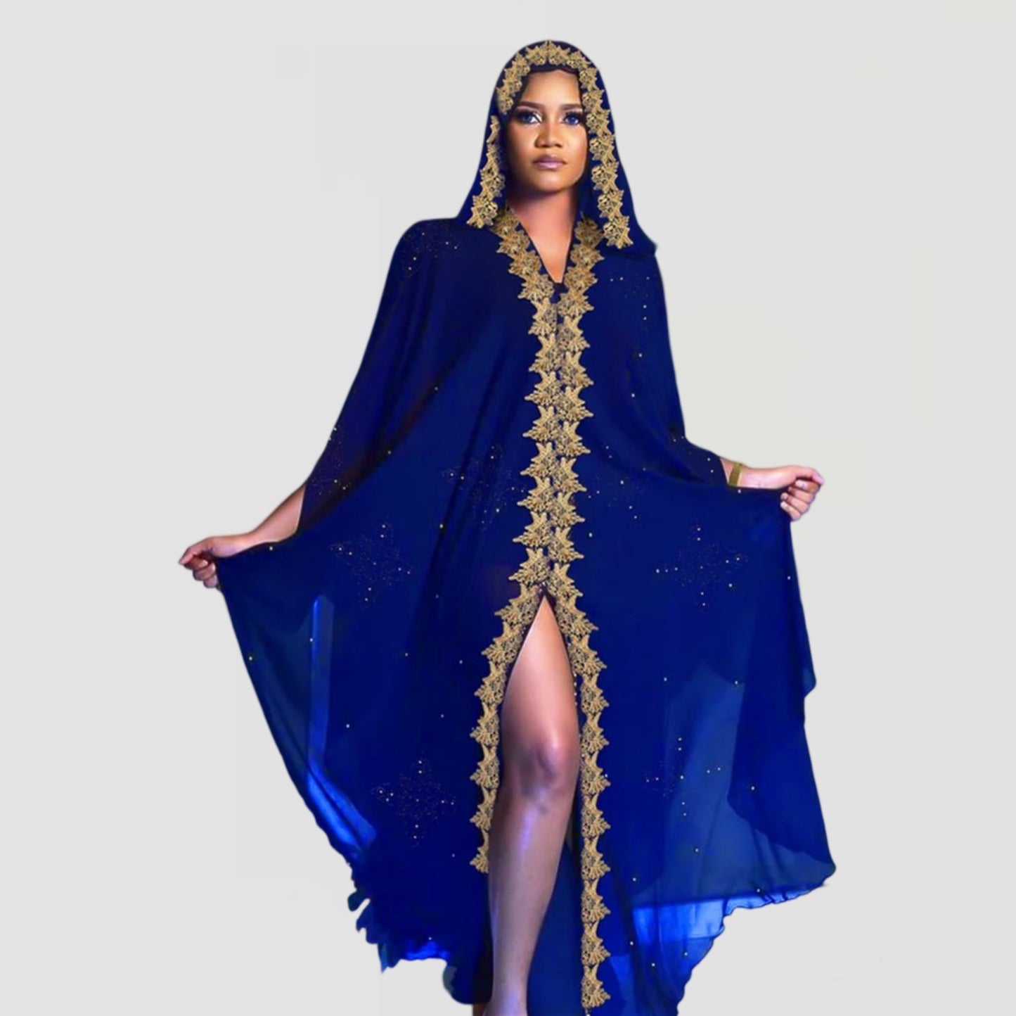 Chiffon Batwing Sleeved Hooded Kaftan Evening Dress