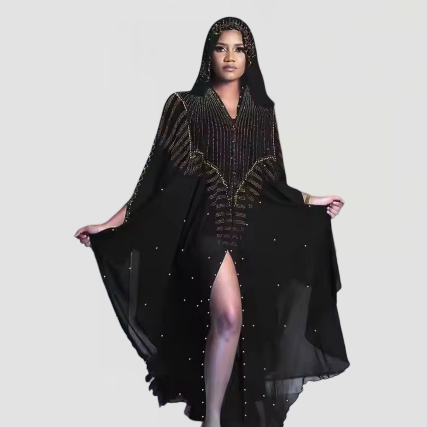 Chiffon Batwing Sleeved Hooded Kaftan Evening Dress