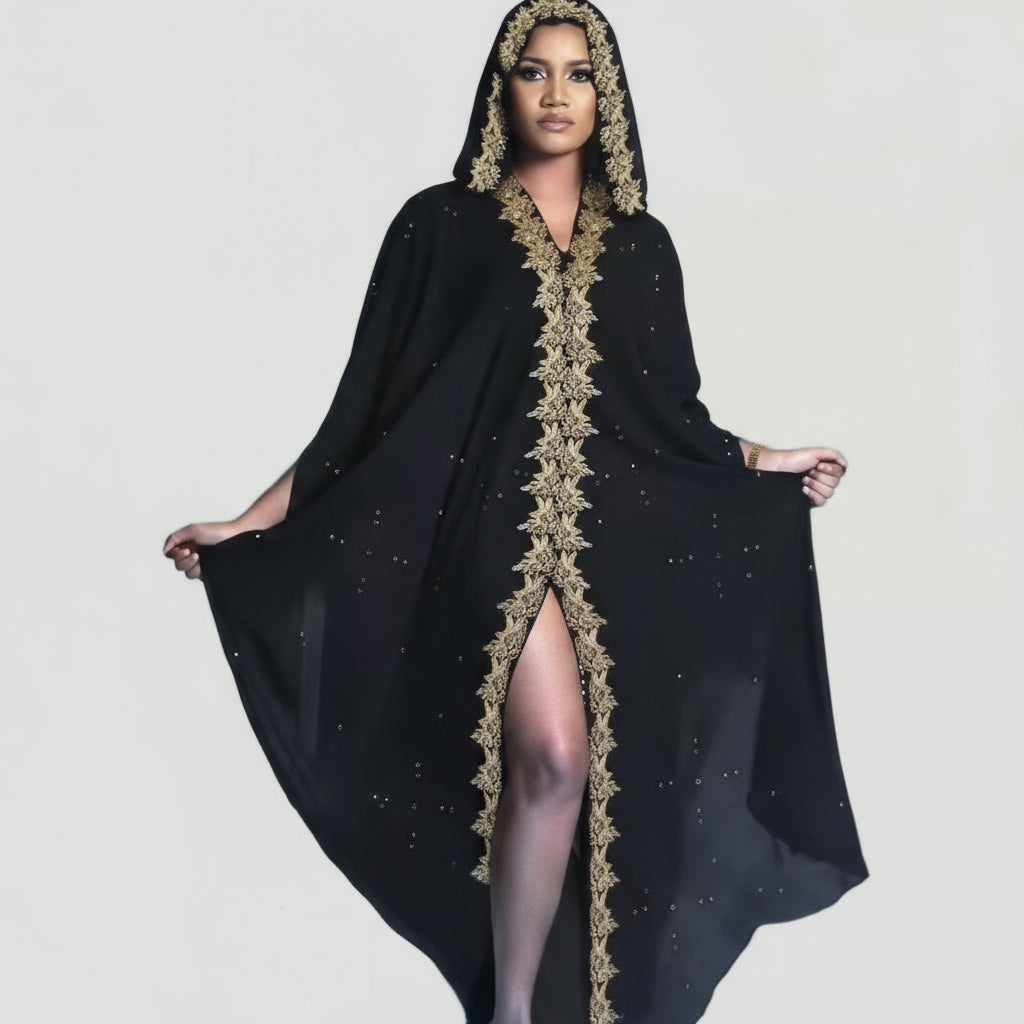 Chiffon Batwing Sleeved Hooded Kaftan Evening Dress