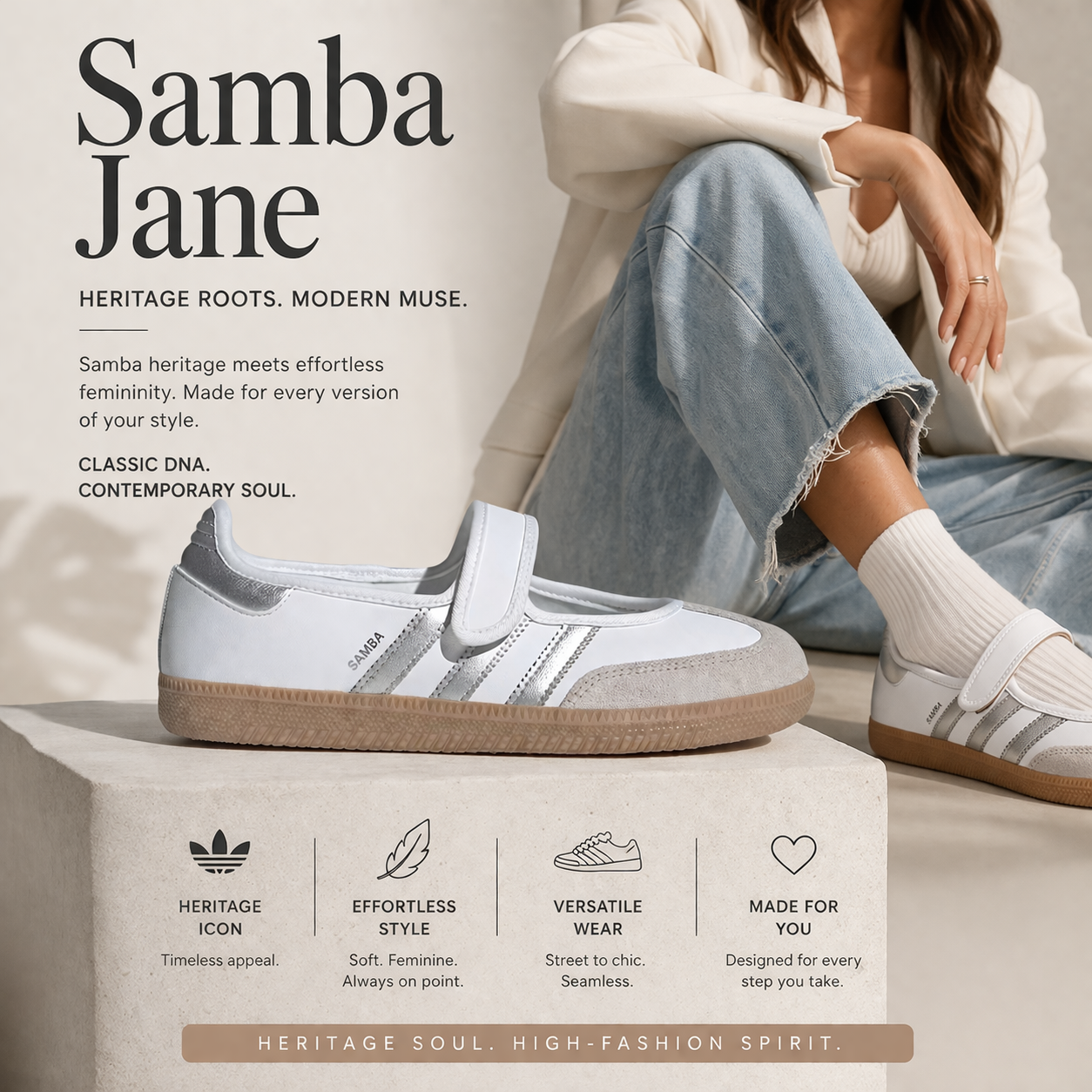 ADIDAS Women's Samba Jane Sneakers – Off-White/Silver Metallic