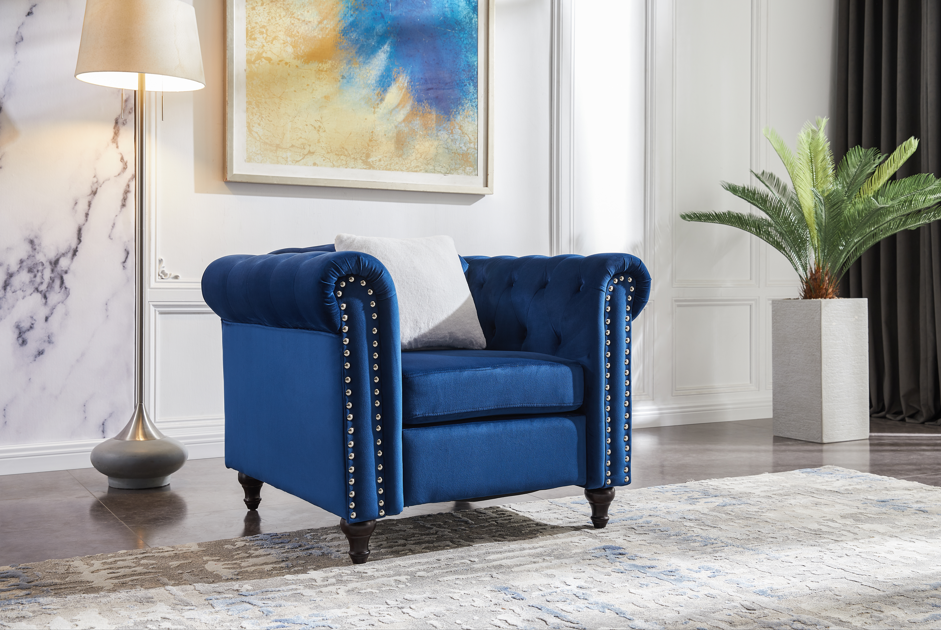 Sofa Chair with Button and Copper Nail on Arms and Back, 1 White Villose Pillow, Velvet Blue (38"x34.5"x30")