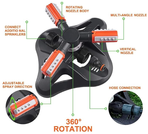 3-Arm 360° Rotating Garden Sprinkler
