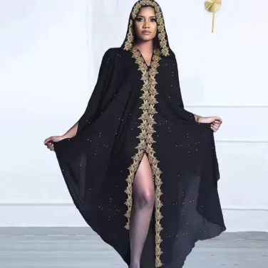 Chiffon Batwing Sleeved Hooded Kaftan Evening Dress