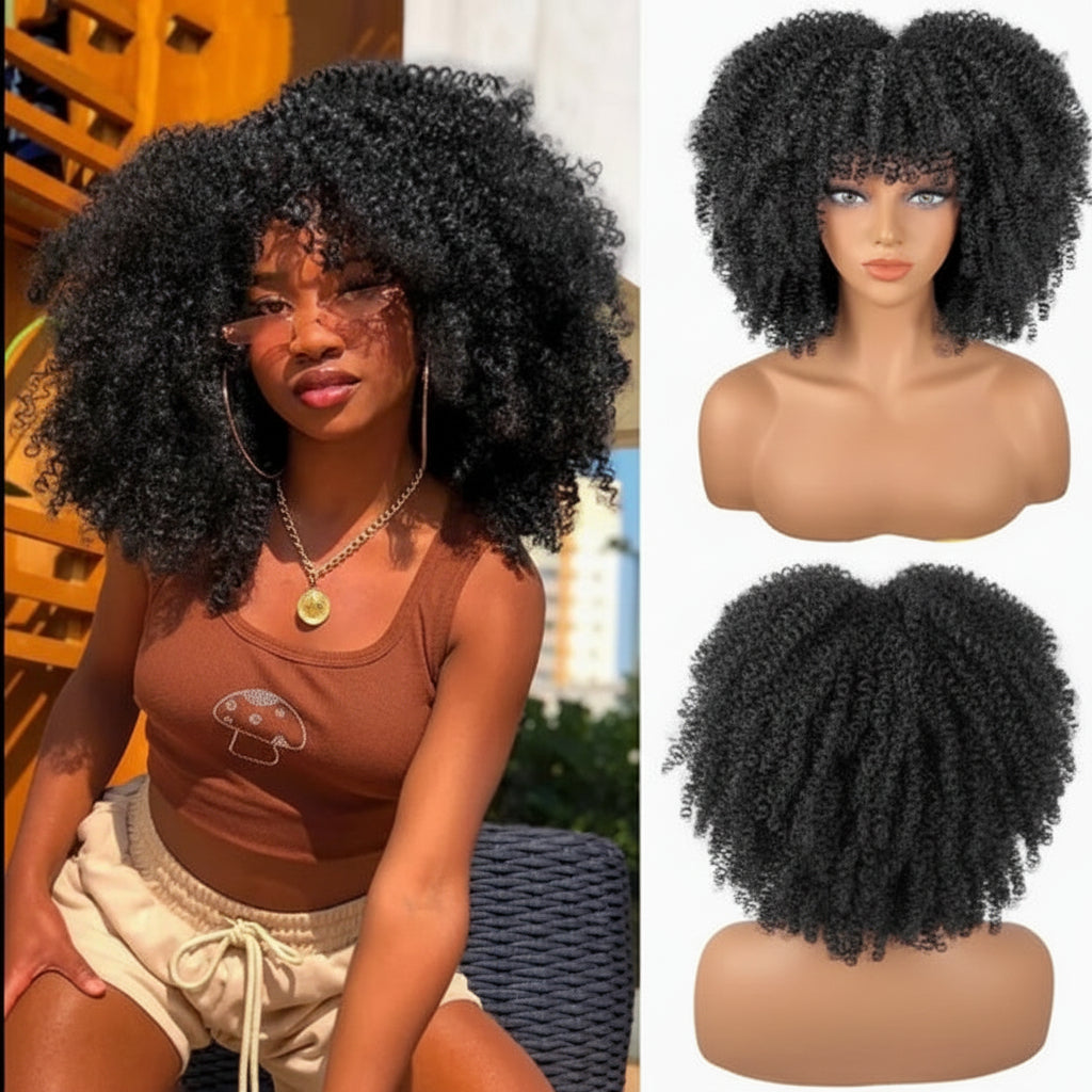 Natural-Looking Curly Synthetic Wig with Full Bangs – 16-Inch/40CM