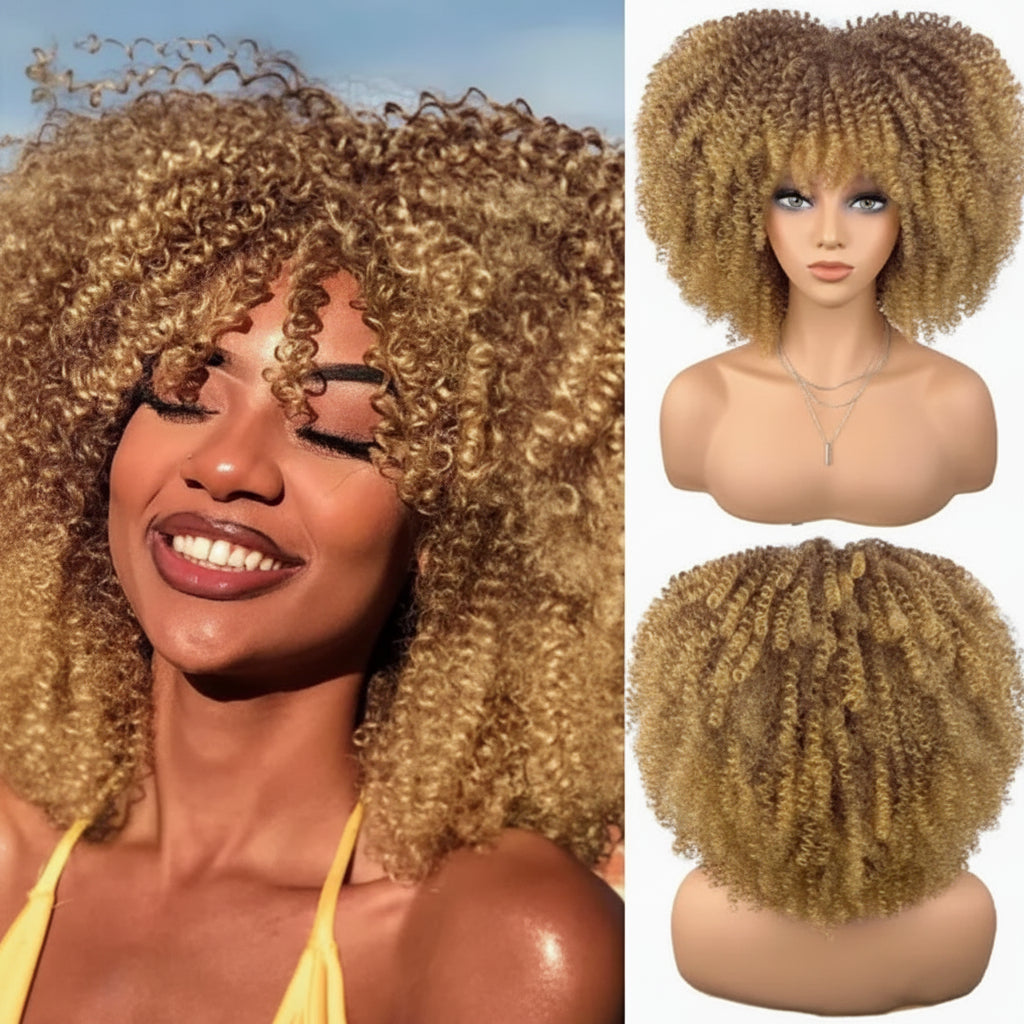 Natural-Looking Curly Synthetic Wig with Full Bangs – 16-Inch/40CM