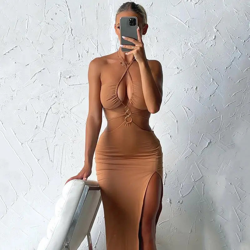 High Slit Cutout Halter Maxi Dress