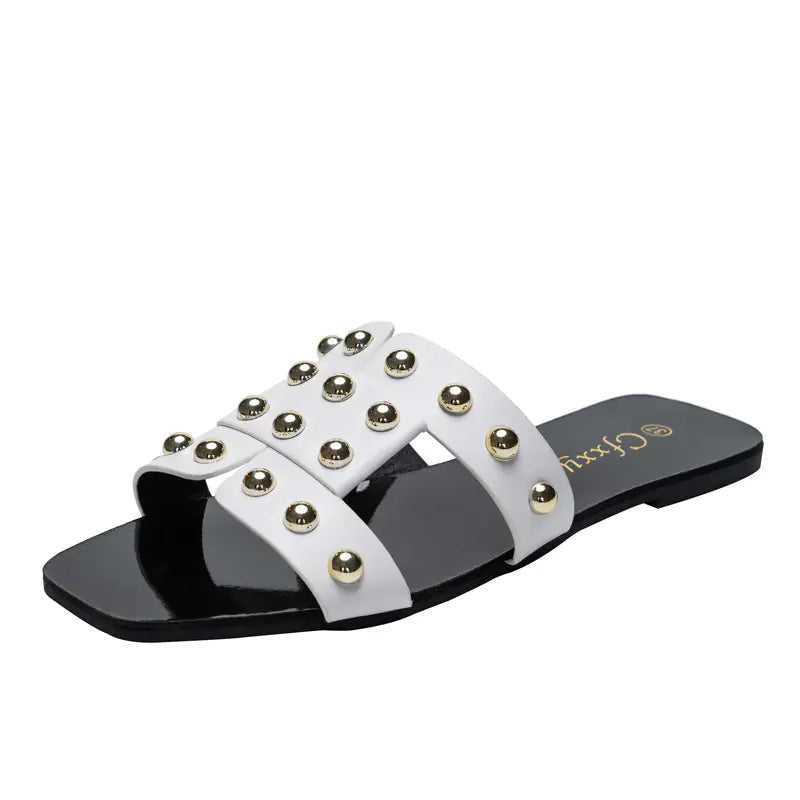 Women's Leather Studded Flat Slide Sandals