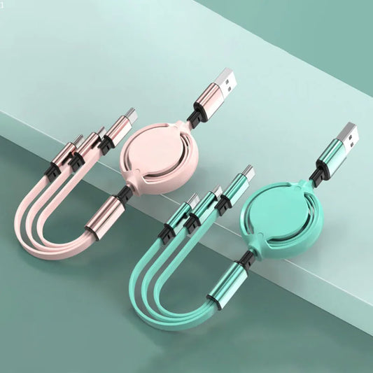 3-in-1 Fast Charging Retractable USB Data Cable for Android, Type-C, Apple