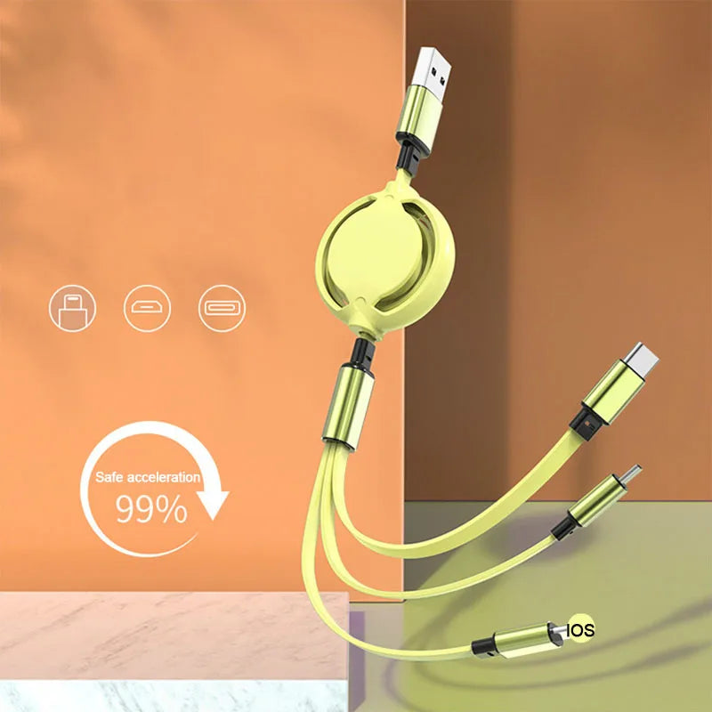 3-in-1 Fast Charging Retractable USB Data Cable for Android, Type-C, Apple