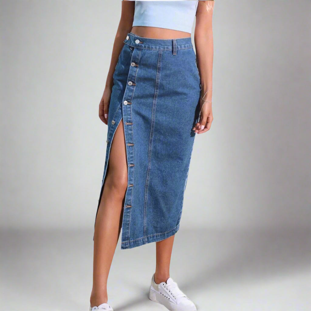 High-Waisted Button-Up Front Slit Denim Skirt