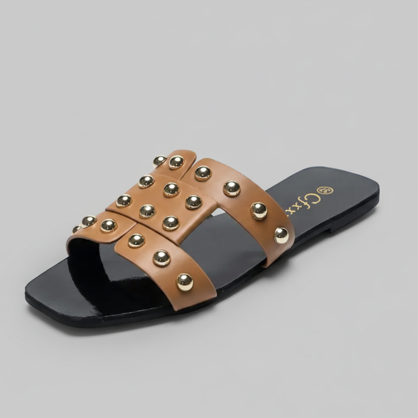 Women's Genuine Leather Studded Flat Slides