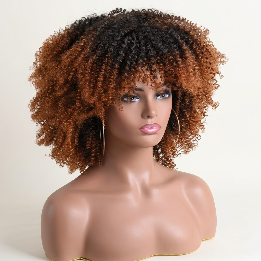 Natural-Looking Curly Synthetic Wig with Full Bangs – 16-Inch/40CM