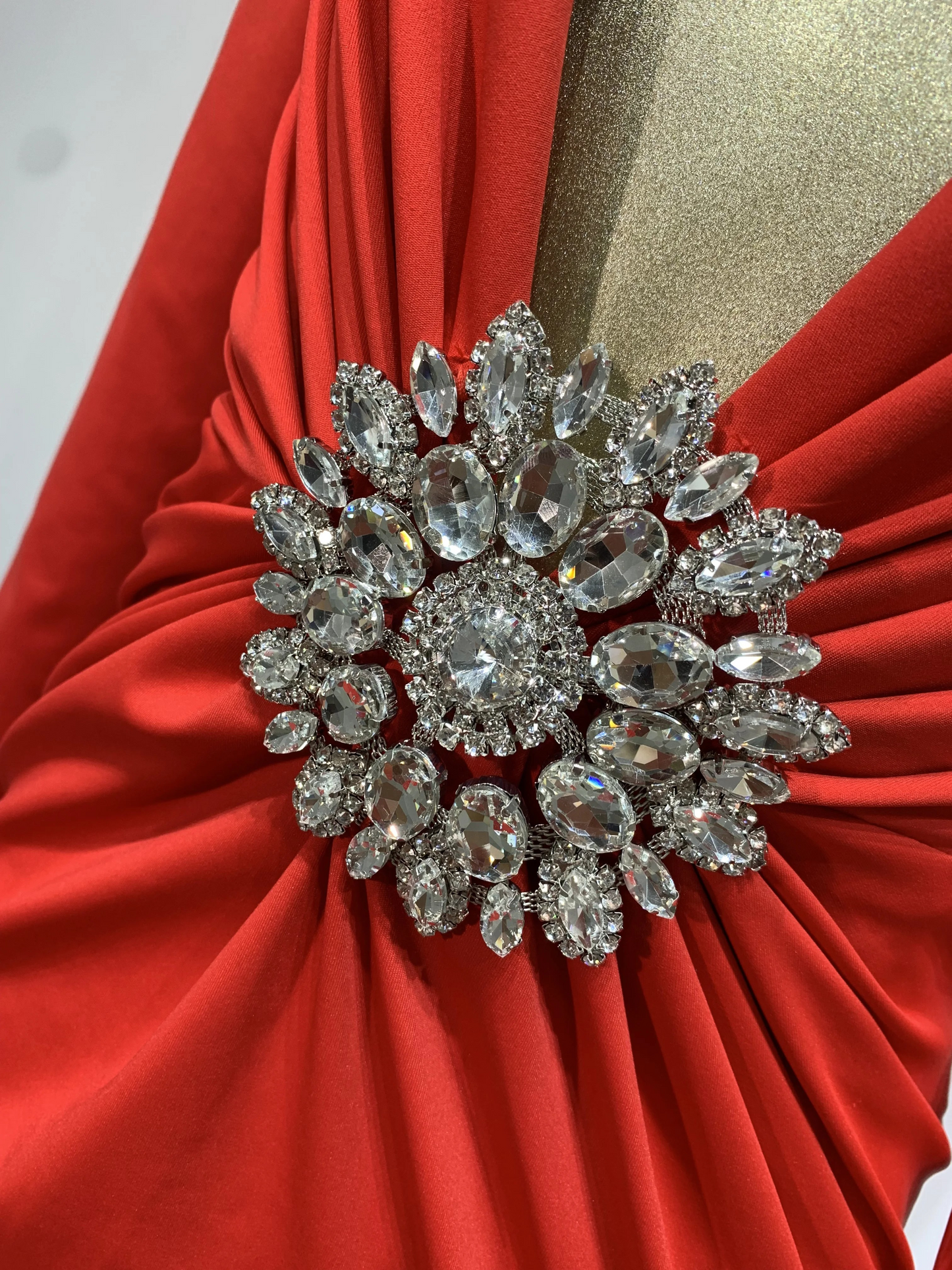Plunging V Crystal Brooch Maxi Dress