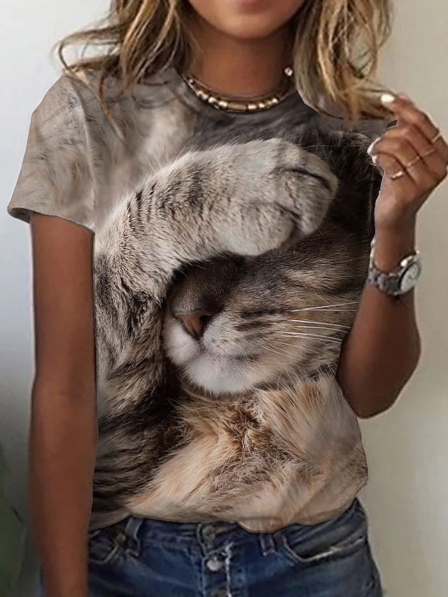 Cat Print Crewneck T-shirt