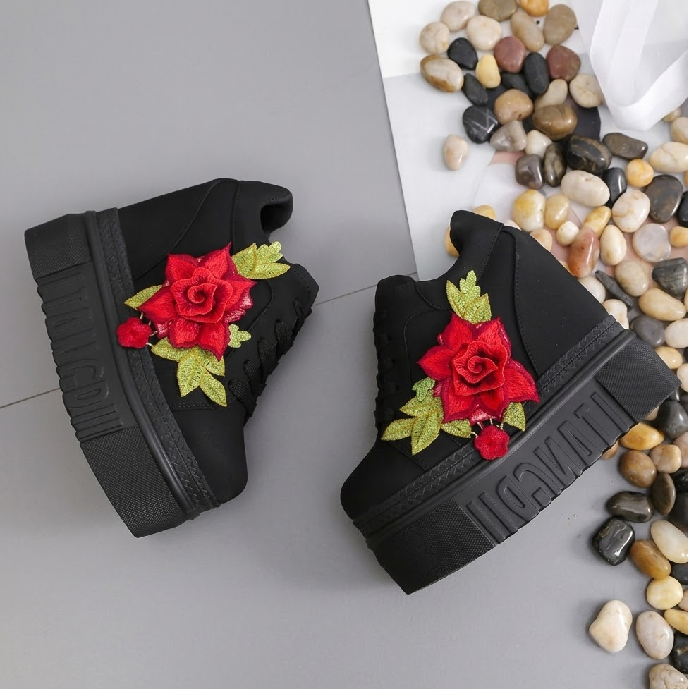 Embroidered Rose Platform Wedge Sneakers