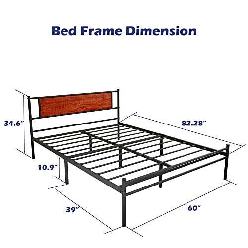 Queen Bed Frame with Wooden Headboard Metal Platform Bed Frames with Storage, Easy Assembly