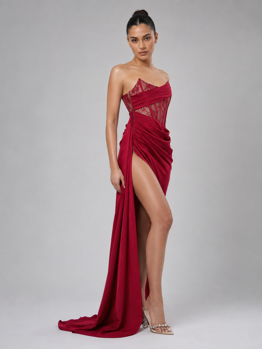Lace Corset Draped Floor-Length Gown