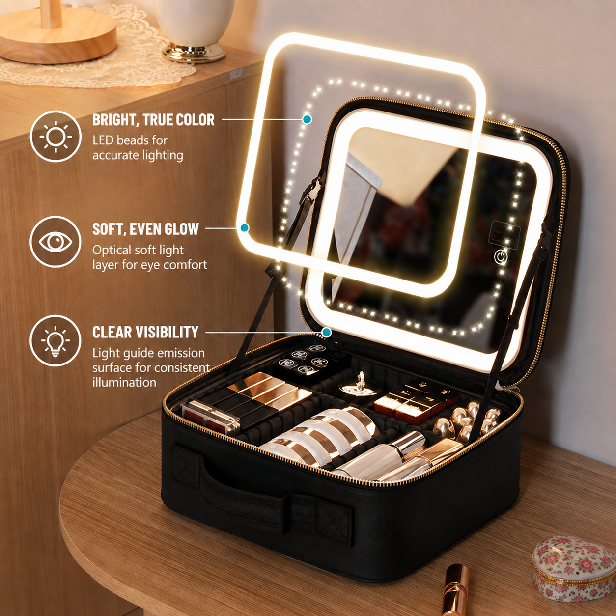 Portable Travel Makeup Case with Built-in LED Lighted Mirror