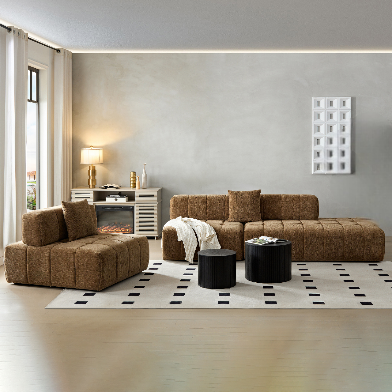 Piano Key Combination Sofa, 2 Single Seats, 1 Luxury Cloth Sofa, Brown ...