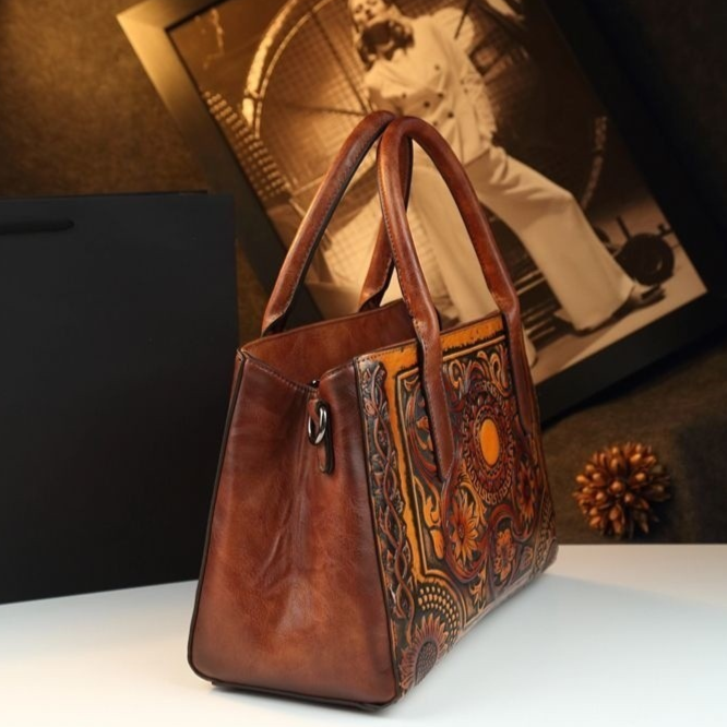 Retro Floral Embossed Genuine Leather Handbag