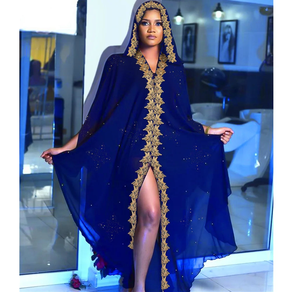 Chiffon Batwing Sleeved Hooded Kaftan Evening Dress