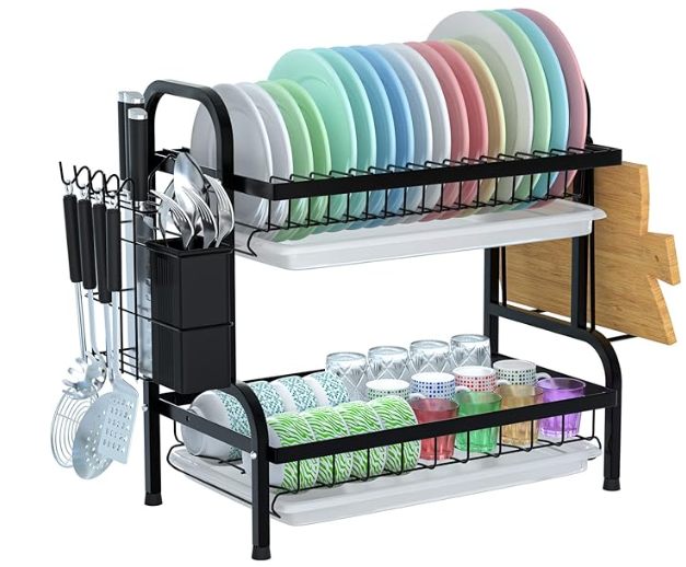 2 Tier Rust-Resistant Dish Drying Rack with Drip Tray, Utensil and Cutting Board Holder