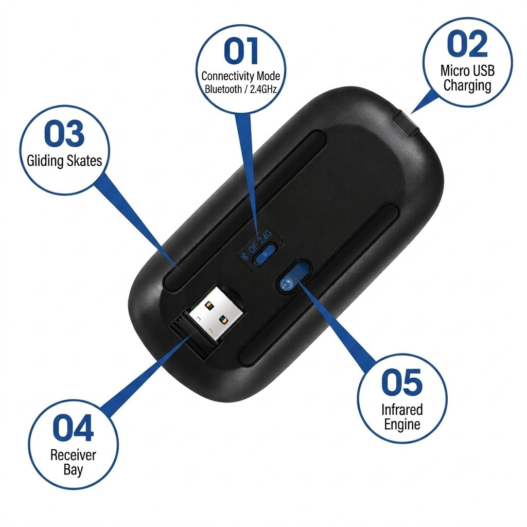Rechargeable Dual-Mode Bluetooth 5.2 Wireless Mouse with 2.4GHz Receiver, Ultra-Silent Click & Colorful RGB LED Effects