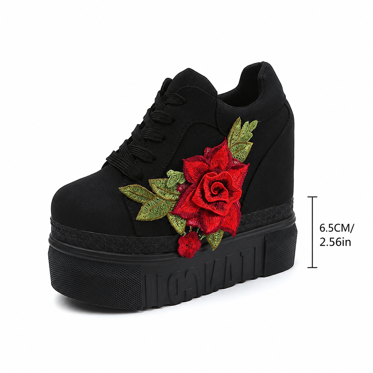 Embroidered Rose Platform Wedge Sneakers
